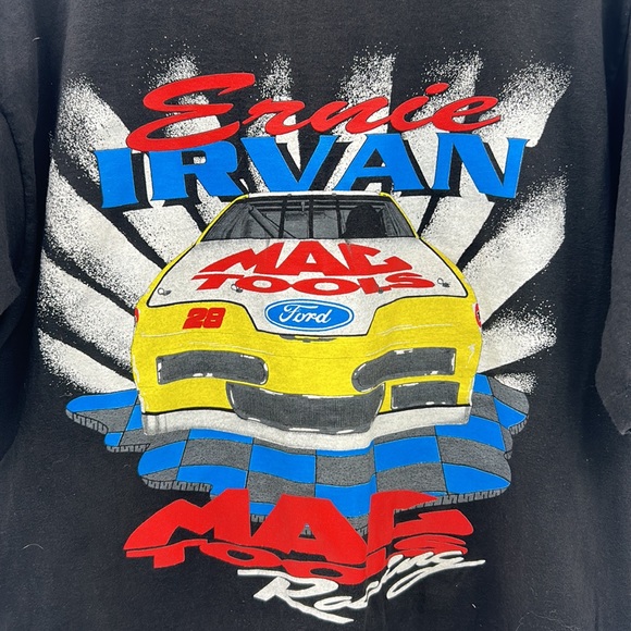 VINTAGE MAC TOOLS 90s ERNIE IRVAN MENS STREET WEAR T-SHIRT BLACK ALLOVER PRINT - Picture 2 of 11